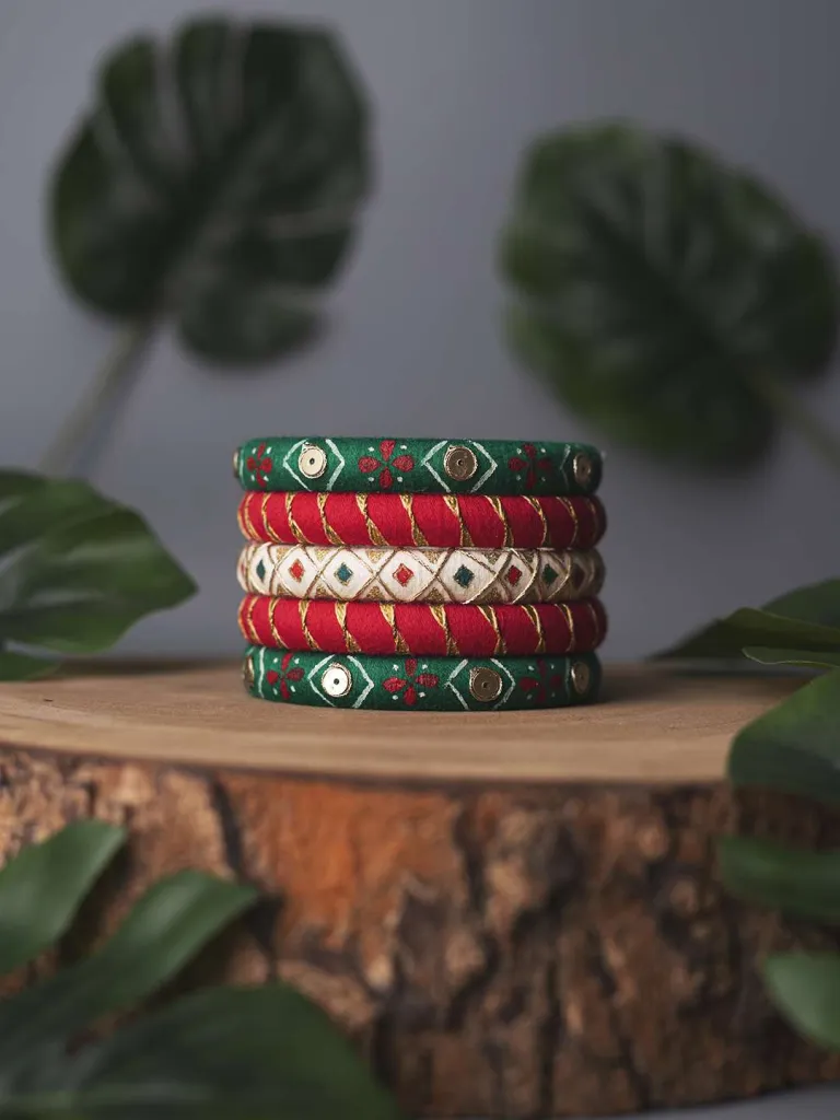 Sahara Handpainted Golden design Bangles - Vibrant Red Green White